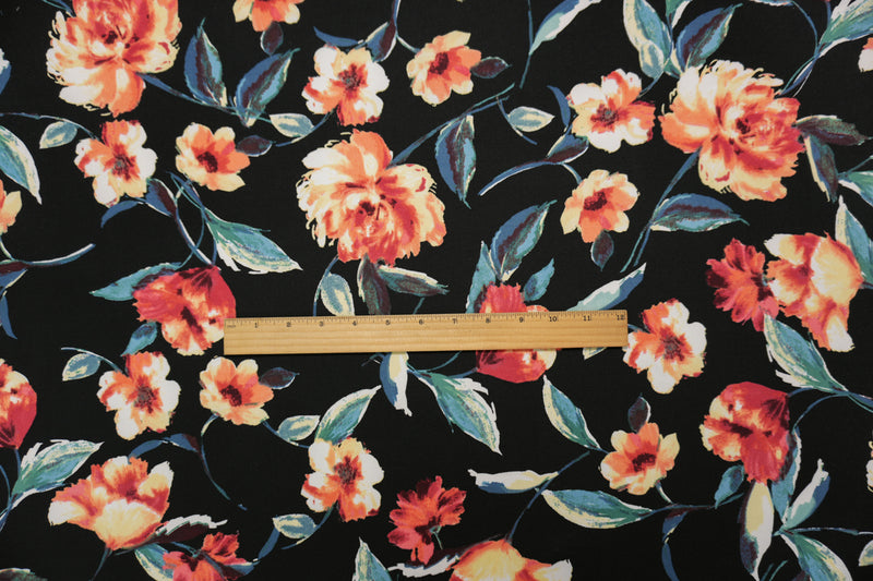Black-Orange-Multi Poly Floral Double Brushed Jersey Knit Fabric