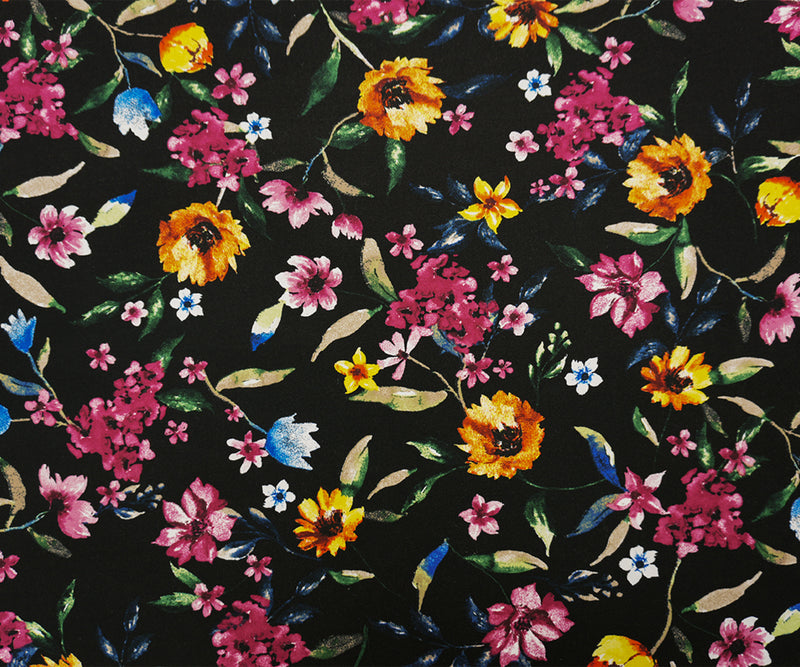 Black-Burgundy-Multi Poly Floral Double Brushed Jersey Knit Fabric