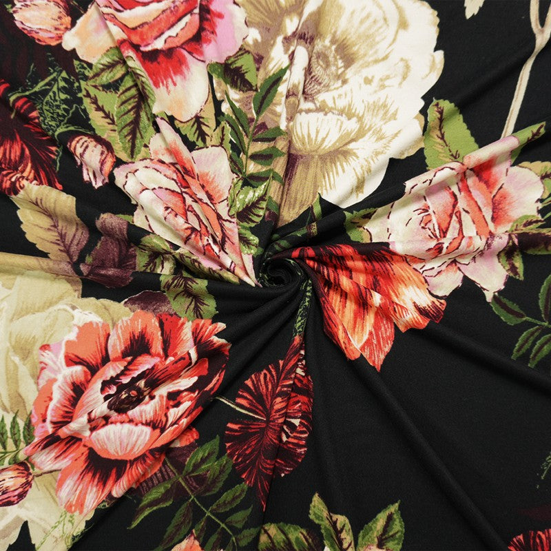 Black-Pink-Multi Poly Floral Double Brushed Jersey Knit Fabric