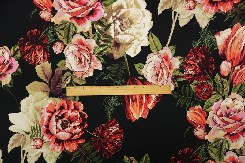 Black-Pink-Multi Poly Floral Double Brushed Jersey Knit Fabric