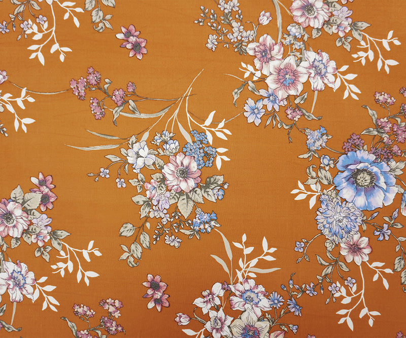 Brown-Purple-Multi Poly Floral Double Brushed Jersey Knit Fabric