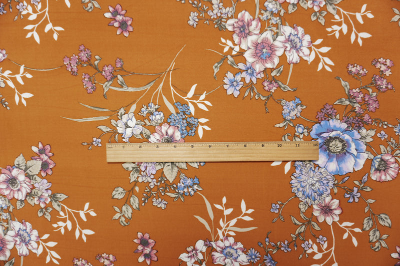 Brown-Purple-Multi Poly Floral Double Brushed Jersey Knit Fabric