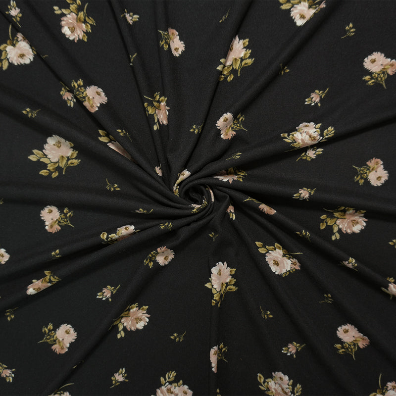 Black-Brown-Green Poly Floral Printed Double Brushed Jersey Knit Fabric
