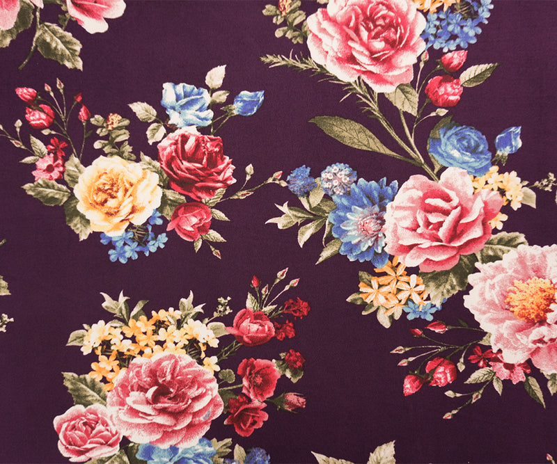 Purple-Red-Multi Poly Floral Double Brushed Jersey Knit Fabric
