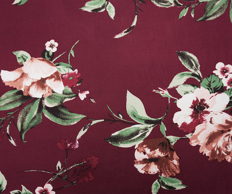 Burgundy Red-Multi Poly Floral Double Brushed Jersey Knit Fabric