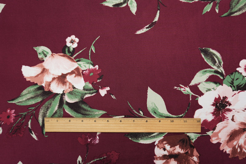 Burgundy Red-Multi Poly Floral Double Brushed Jersey Knit Fabric