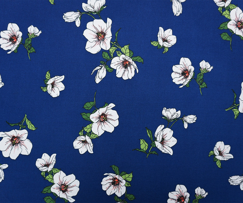 Blue-White-Multi Poly Floral Double Brushed Jersey Knit Fabric