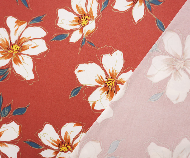 Red-Orange-Multi Poly Floral Double Brushed Jersey Knit Fabric