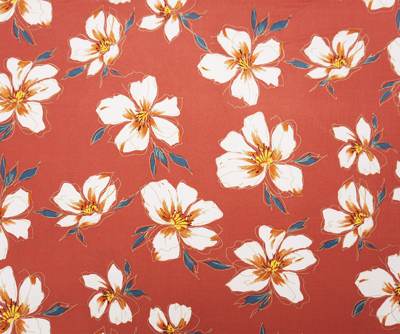 Red-Orange-Multi Poly Floral Double Brushed Jersey Knit Fabric