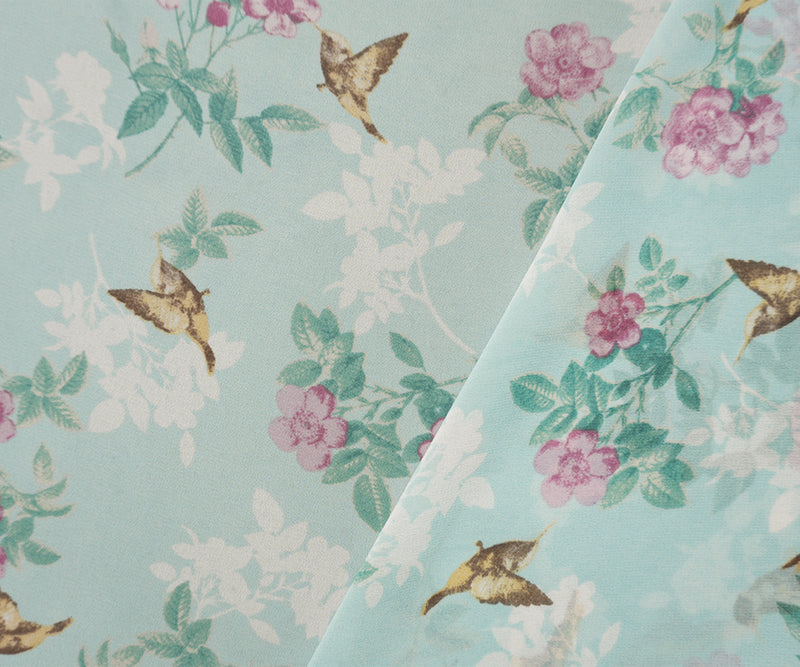 Blue-Multi Poly Floral And Bird Printed Chiffon Woven Fabric