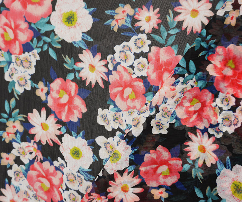 Black-Red-Multi Poly Floral Printed Yoryu Chiffon Woven Fabric