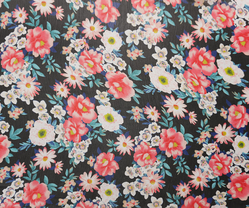 Black-Red-Multi Poly Floral Printed Yoryu Chiffon Woven Fabric