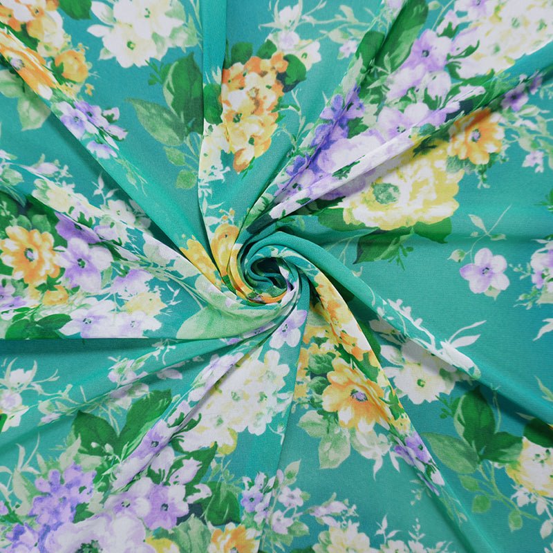 Teal-Yellow-Multi Poly Floral Printed Chiffon Woven Fabric