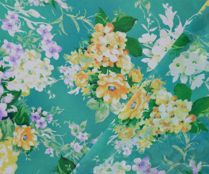 Teal-Yellow-Multi Poly Floral Printed Chiffon Woven Fabric