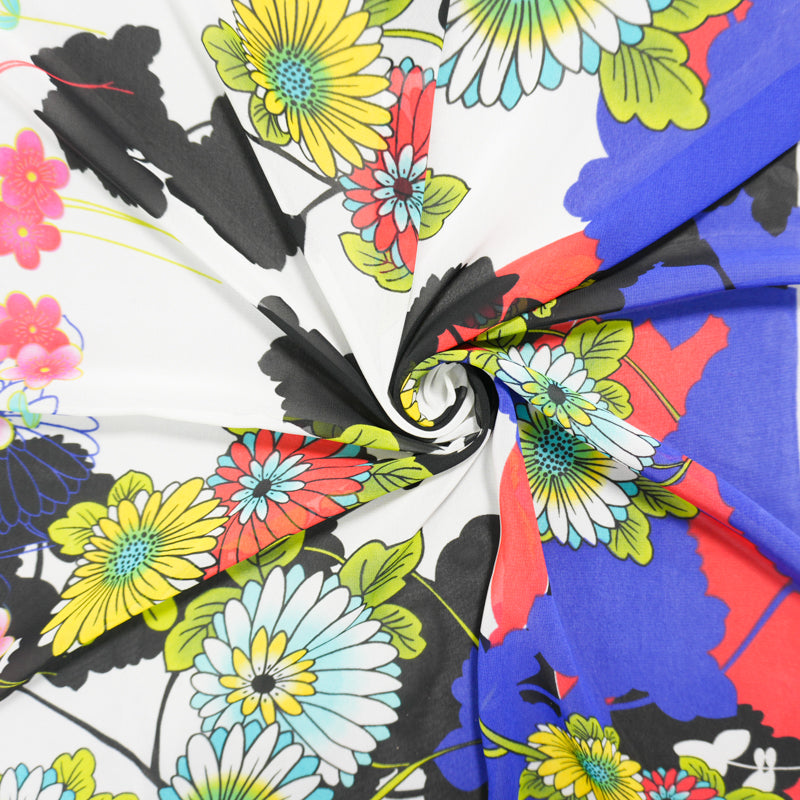 White-Purple-Multi Poly Floral Border Printed Chiffon Woven Fabric