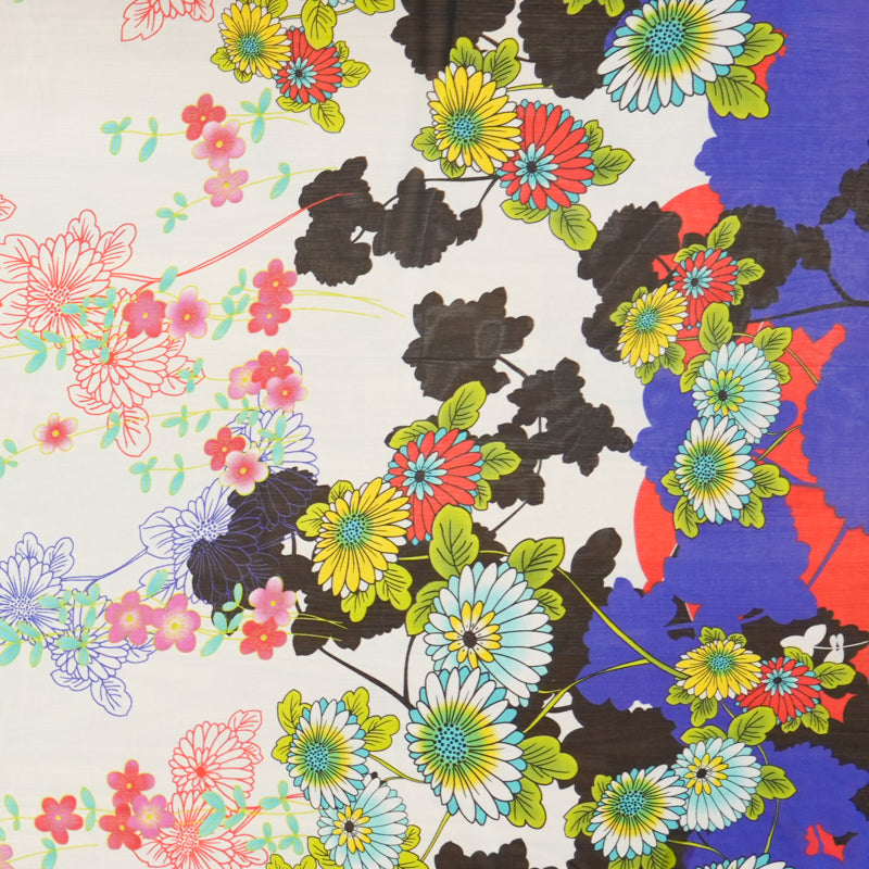White-Purple-Multi Poly Floral Border Printed Chiffon Woven Fabric