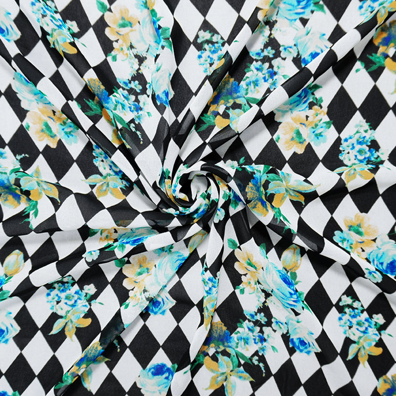 Black-White-Blue Poly Floral Tile Printed Chiffon Woven Fabric