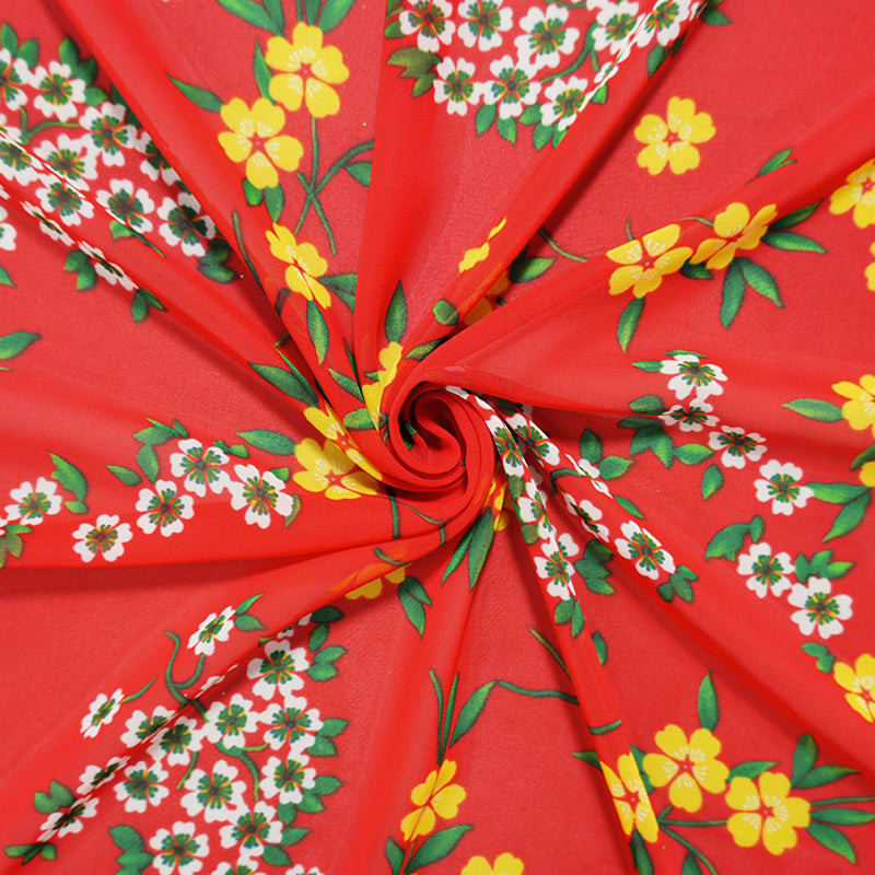 Red-Yellow-Multi Poly Floral Printed Chiffon Woven Fabric