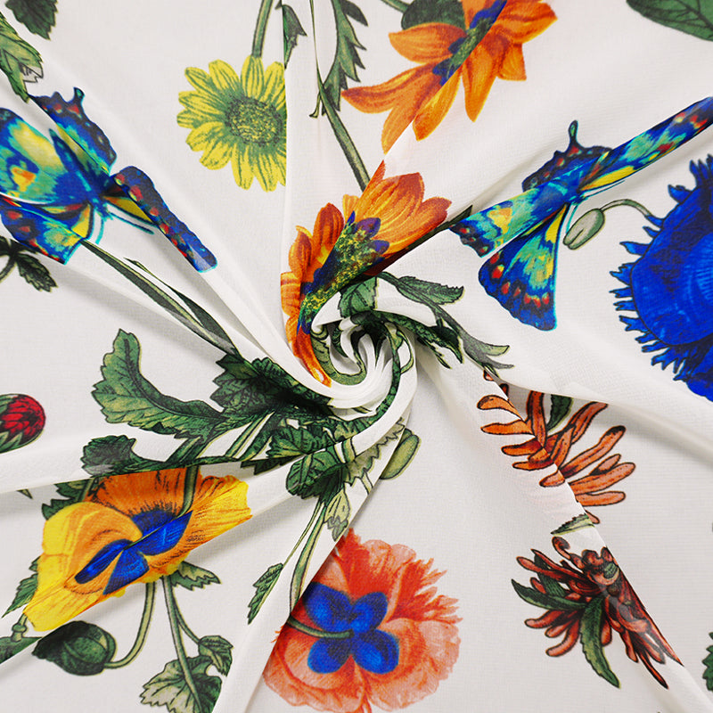 Red-Green-White Poly Floral Printed Chiffon Woven Fabric