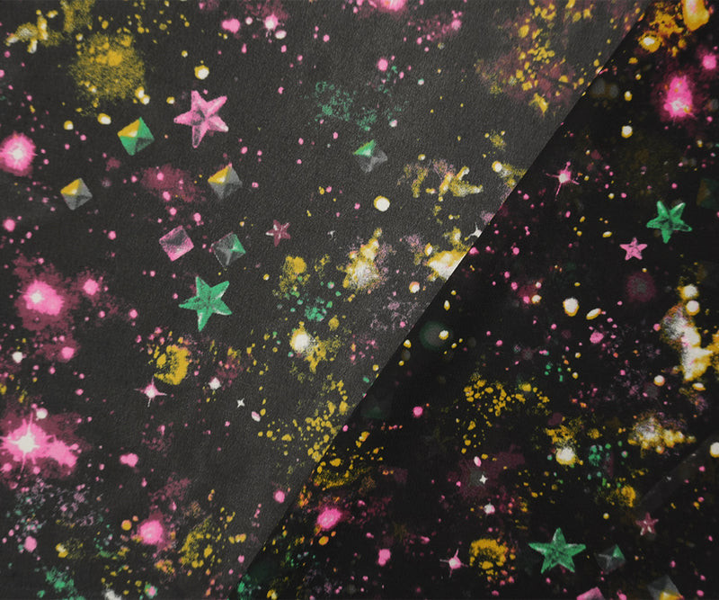 Black-Yellow-Pink Poly Universe Printed Chiffon Woven Fabric