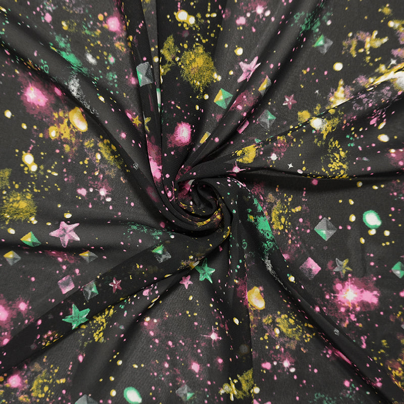 3 YD PC-Black-Yellow-Pink Poly Universe Printed Chiffon Woven Fabric