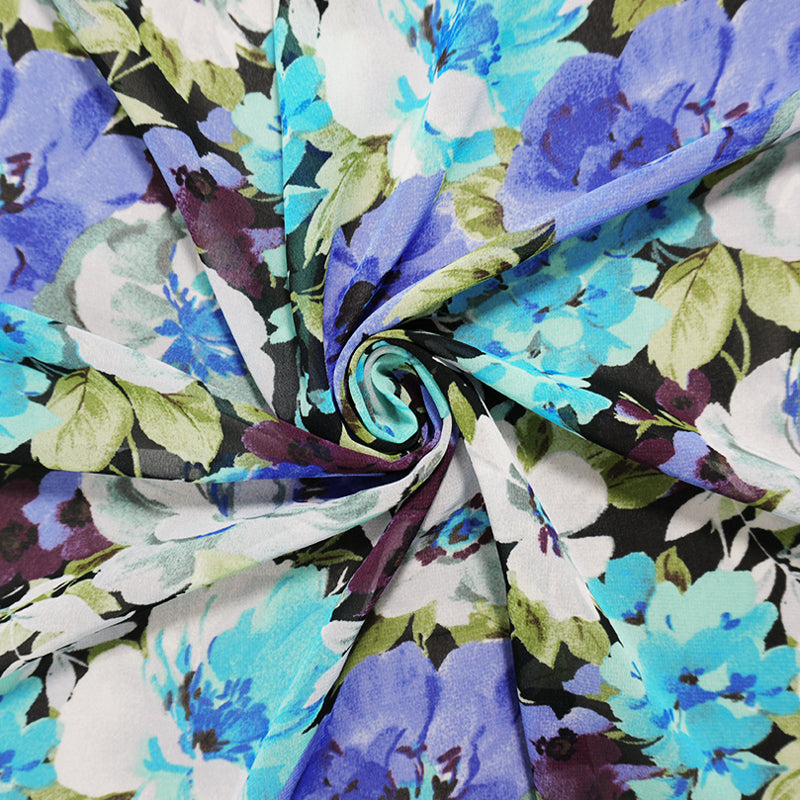 Black-Blue-Multi Poly Floral Printed Chiffon Woven Fabric
