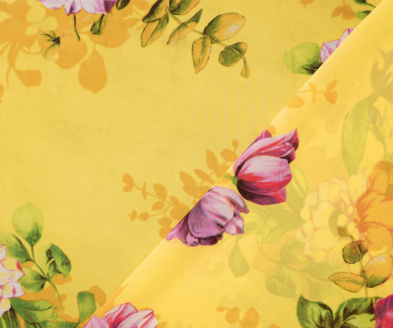 Yellow-Pink-Multi Poly Floral Printed Chiffon Woven Fabric