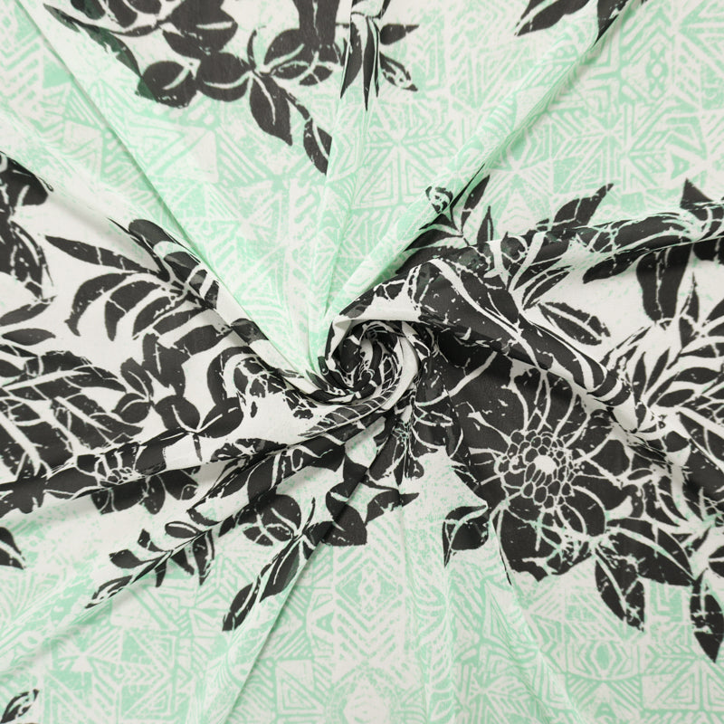 Green-Black-White Poly Floral Printed Chiffon Woven Fabric