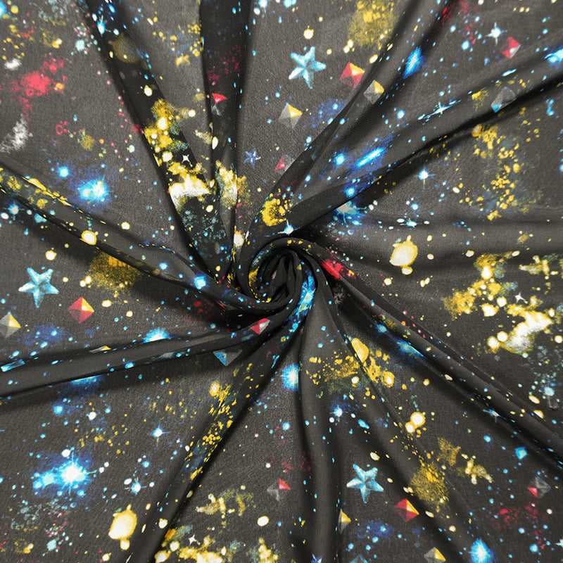 Black Poly Universe Printed Chiffon Woven Fabric