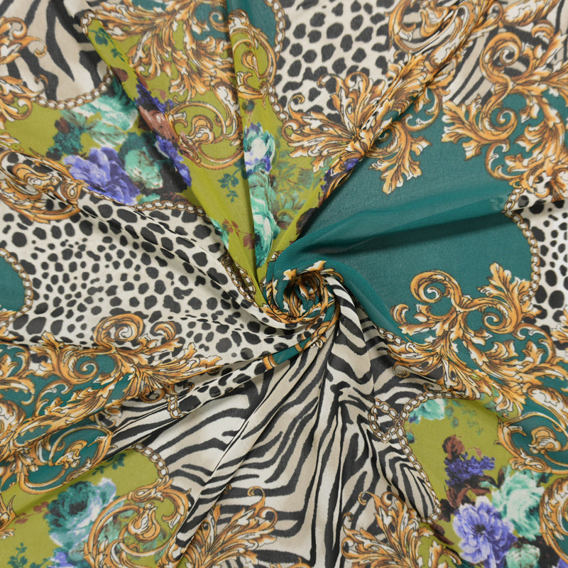 Green-Yellow-Multi Poly Multi Pattern Print Chiffon Woven Fabric