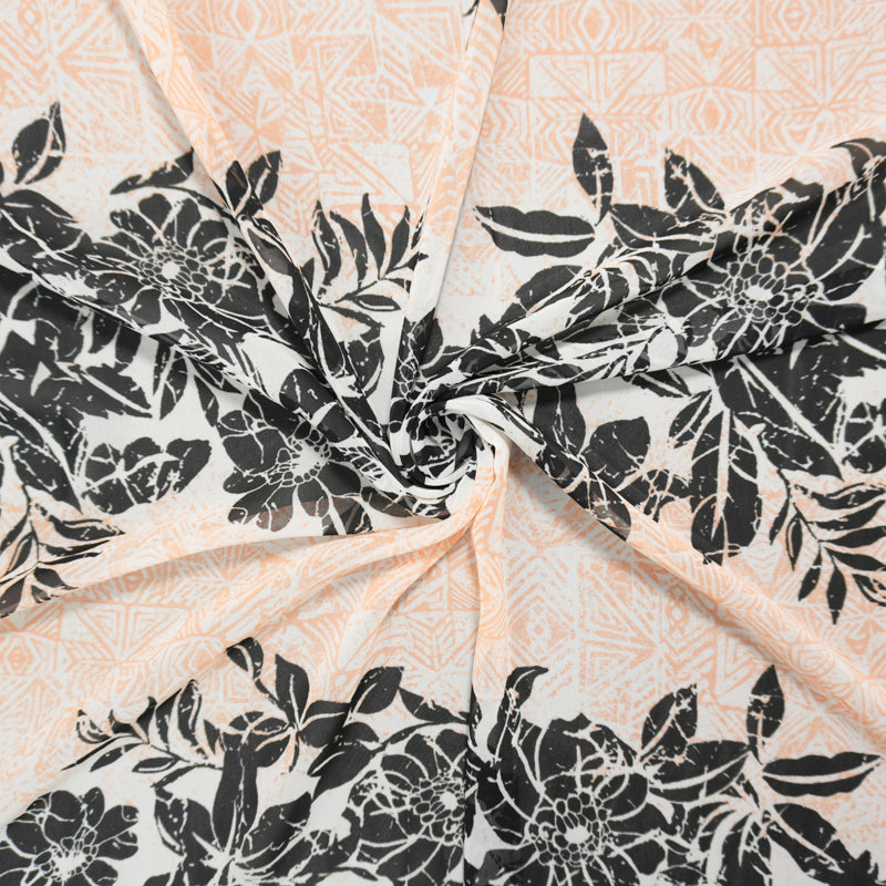 Orange-White-Black Poly Floral Printed Chiffon Woven Fabric