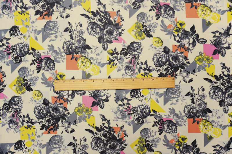 Ivory-Black-Multi Poly Floral Geo Print Chiffon Woven Fabric