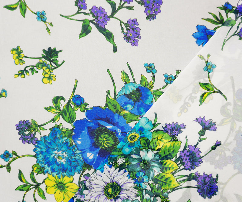 White-Purple-Yellow Poly Floral Printed Chiffon Woven Fabric