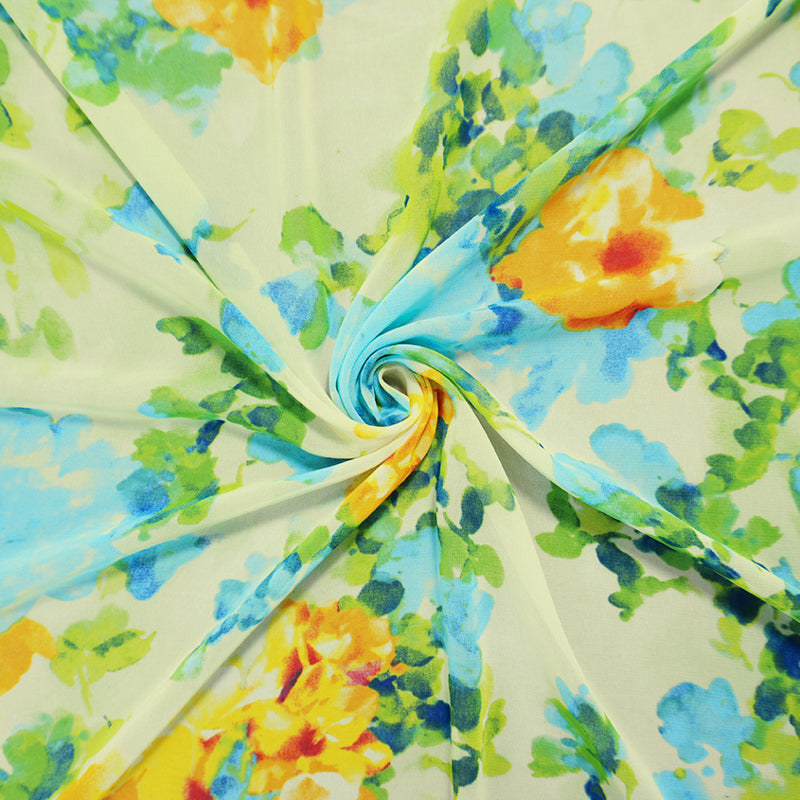 Yellow-Blue-Multi Poly Floral Printed Chiffon Woven Fabric