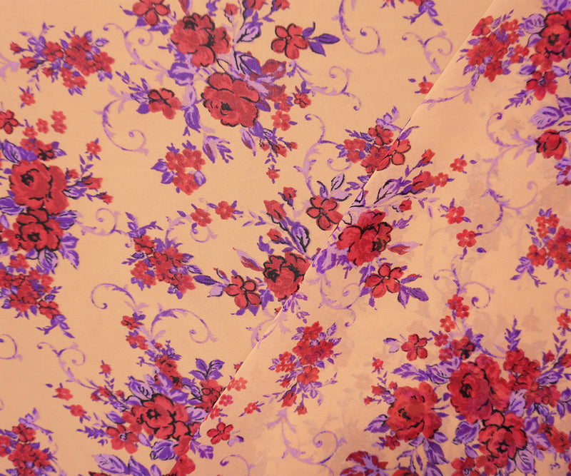 Peach-Purple-Red Poly Floral Printed Chiffon Woven Fabric