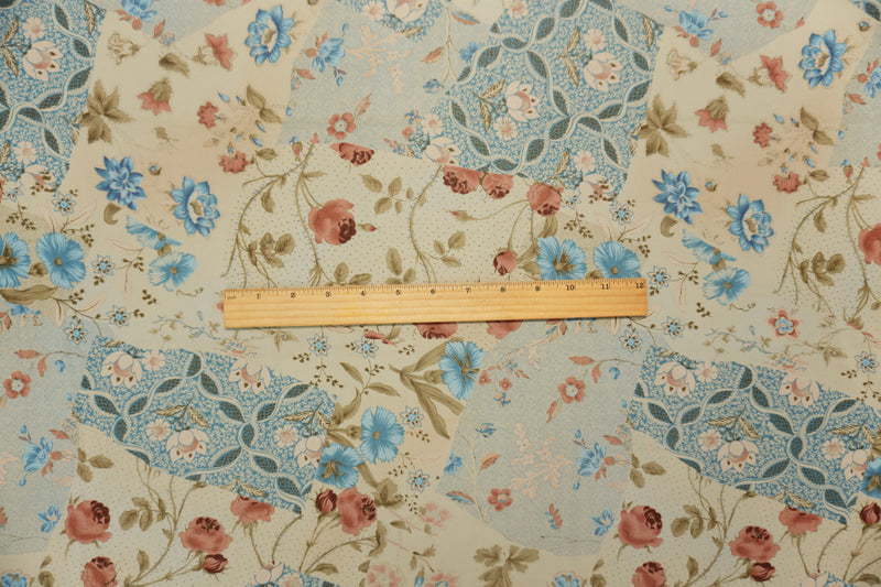 Blue-Beige-Multi Poly Floral And Dot Printed Chiffon Woven Fabric
