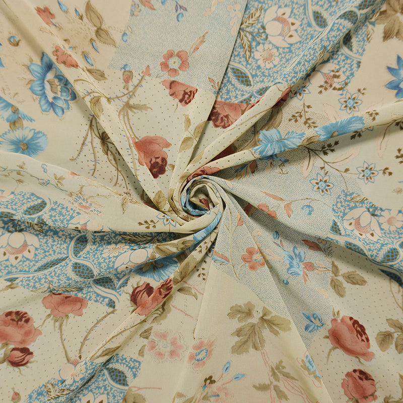 Blue-Beige-Multi Poly Floral And Dot Printed Chiffon Woven Fabric