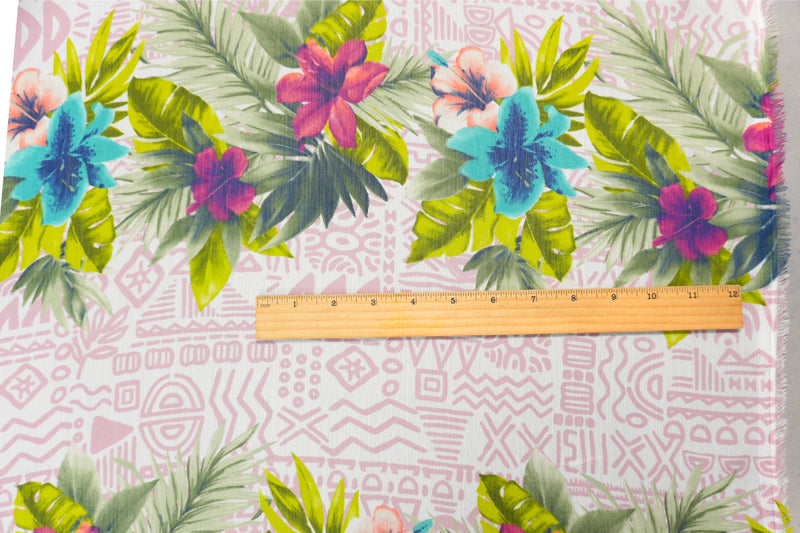 Pink Poly Floral Aztec Print Crinkled Yoryu Chiffon Woven Fabric
