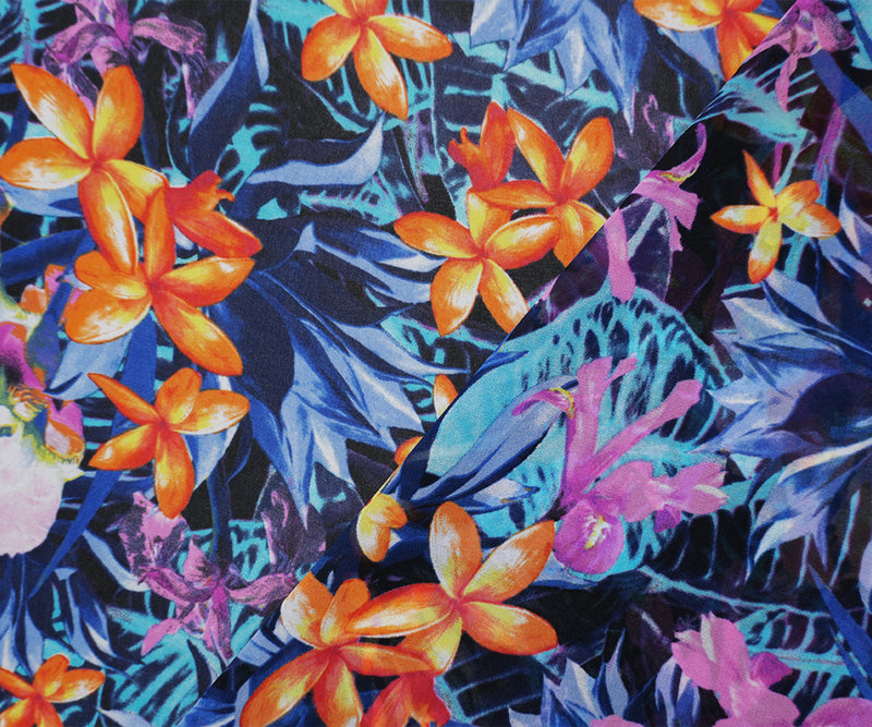 Black-Blue-Orange Poly Floral Printed Chiffon Woven Fabric