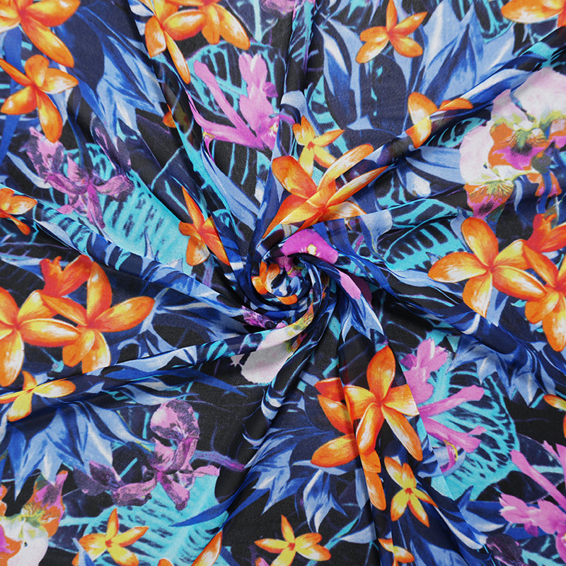 Black-Blue-Orange Poly Floral Printed Chiffon Woven Fabric
