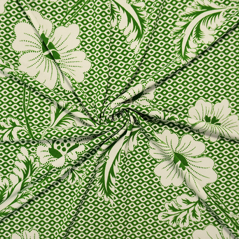 2 1/2 YD PC-Green-Ivory Poly Floral Geo Printed ITY Jersey Knit Fabric