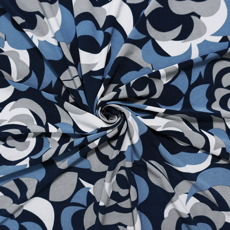 Blue-Gray Poly Abstract Floral Printed ITY Jersey Knit Fabric