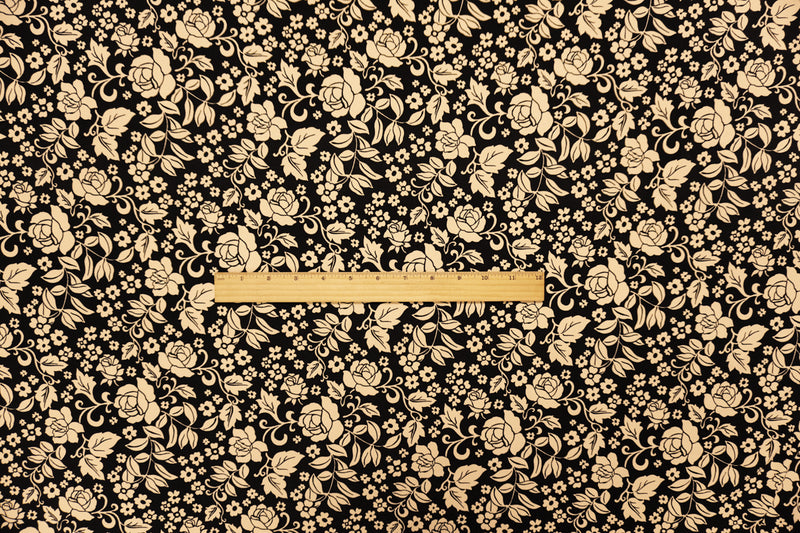 2 3/8 YD PC-Black-Beige Poly Spandex Floral Printed ITY Jersey Knit Fabric