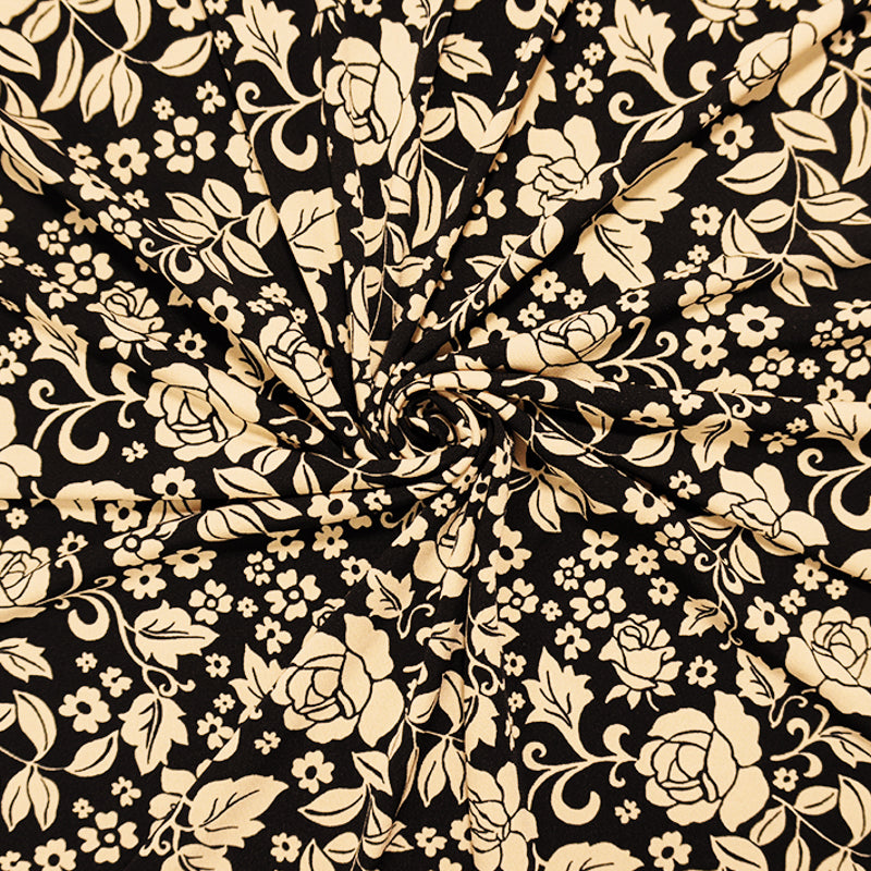 Black-Beige Poly Spandex Floral Printed ITY Jersey Knit Fabric
