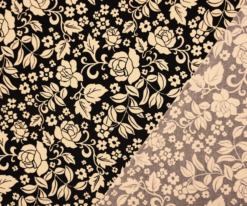 Black-Beige Poly Spandex Floral Printed ITY Jersey Knit Fabric