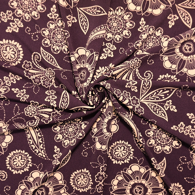 3 YD PC-Purple-Beige Poly Spandex Moroccan Floral Printed ITY Jersey Knit Fabric