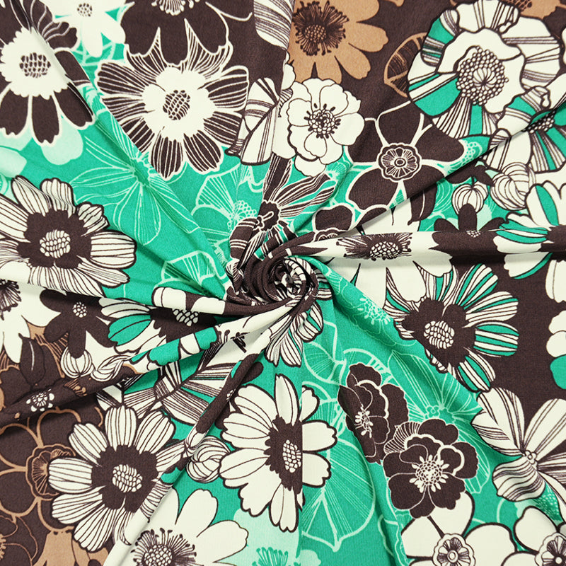 Brown-Green Poly Spandex Floral Printed ITY Jersey Knit Fabric