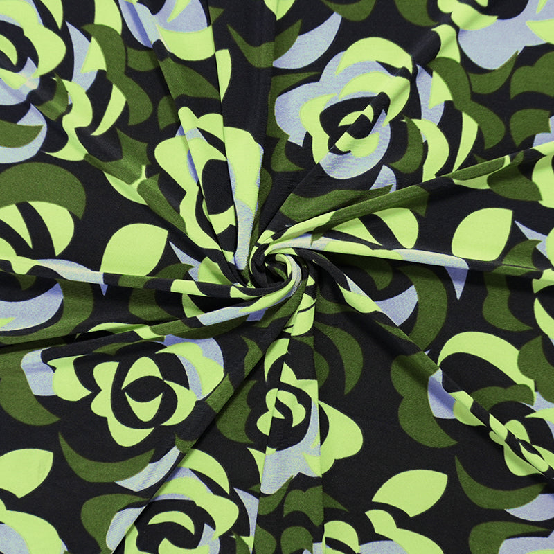 Black-Green-Multi Poly Floral Printed ITY Jersey Knit Fabric