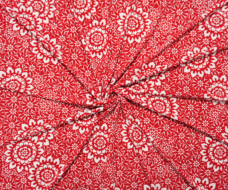 Red-White Poly Moroccan Floral Printed ITY Jersey Knit Fabric