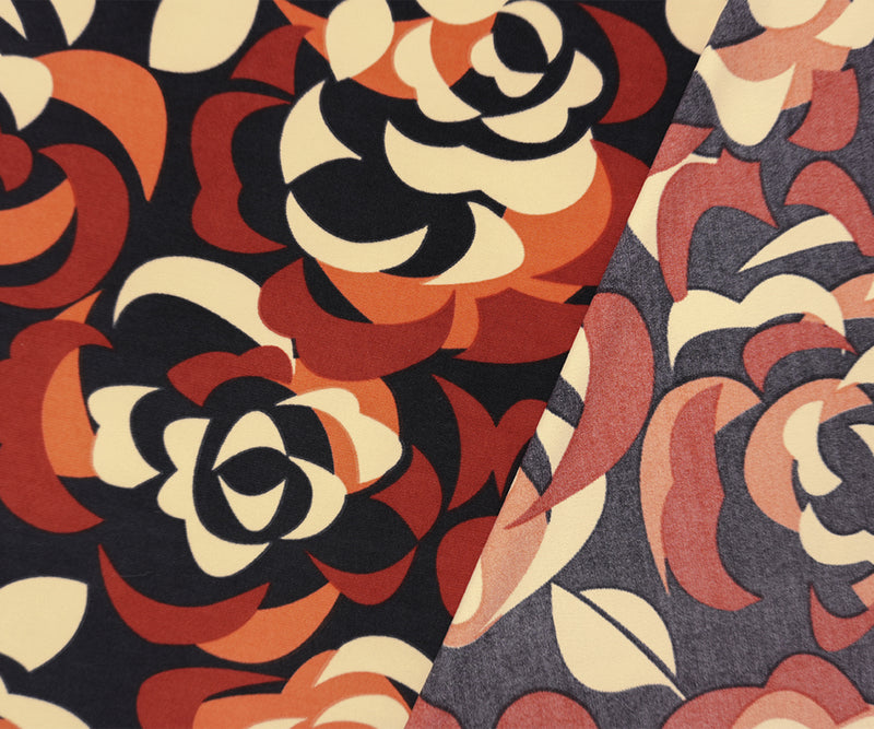 Orange-Black Poly Abstract Floral Printed ITY Jersey Knit Fabric